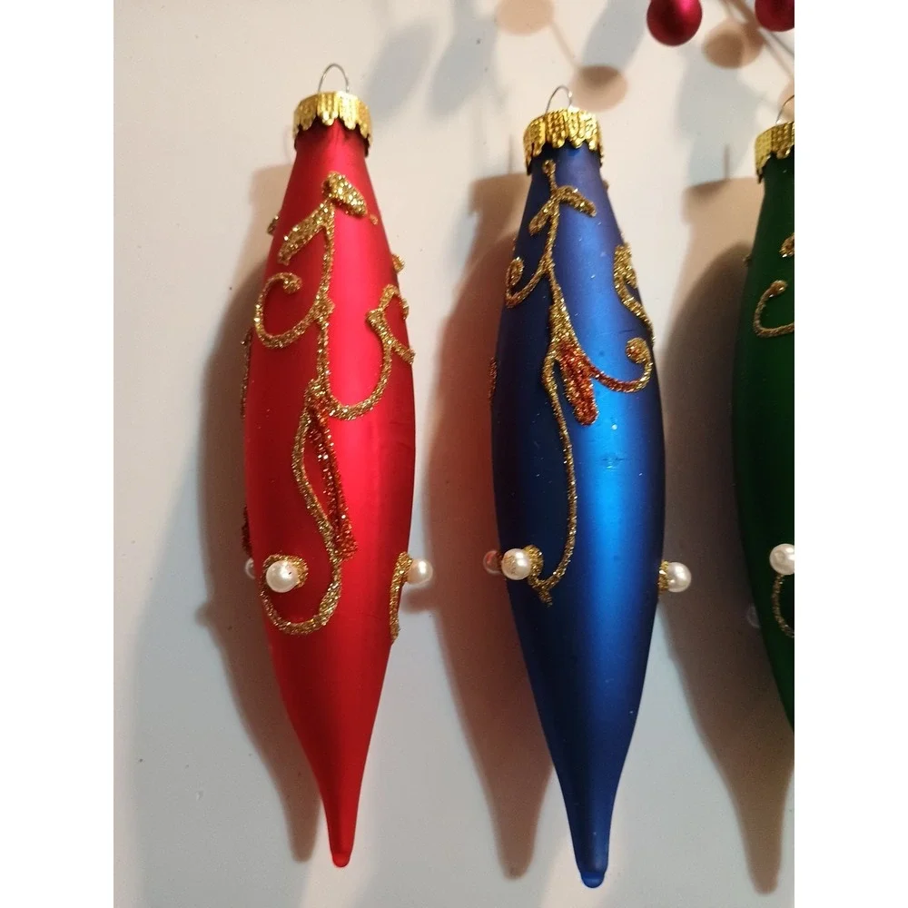 Vintage Christmas 4 Oblong Ornaments In Jewel Tones Glittered‎ Pearls